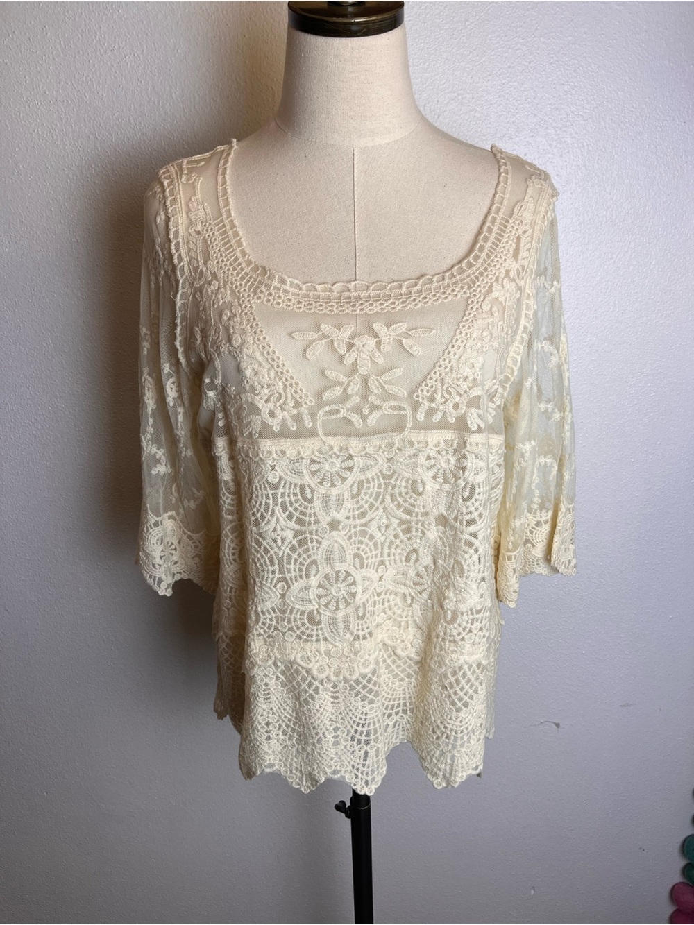 Sundance Ivory Crochet Lace Boho Transparent Blouse 100% Cotton